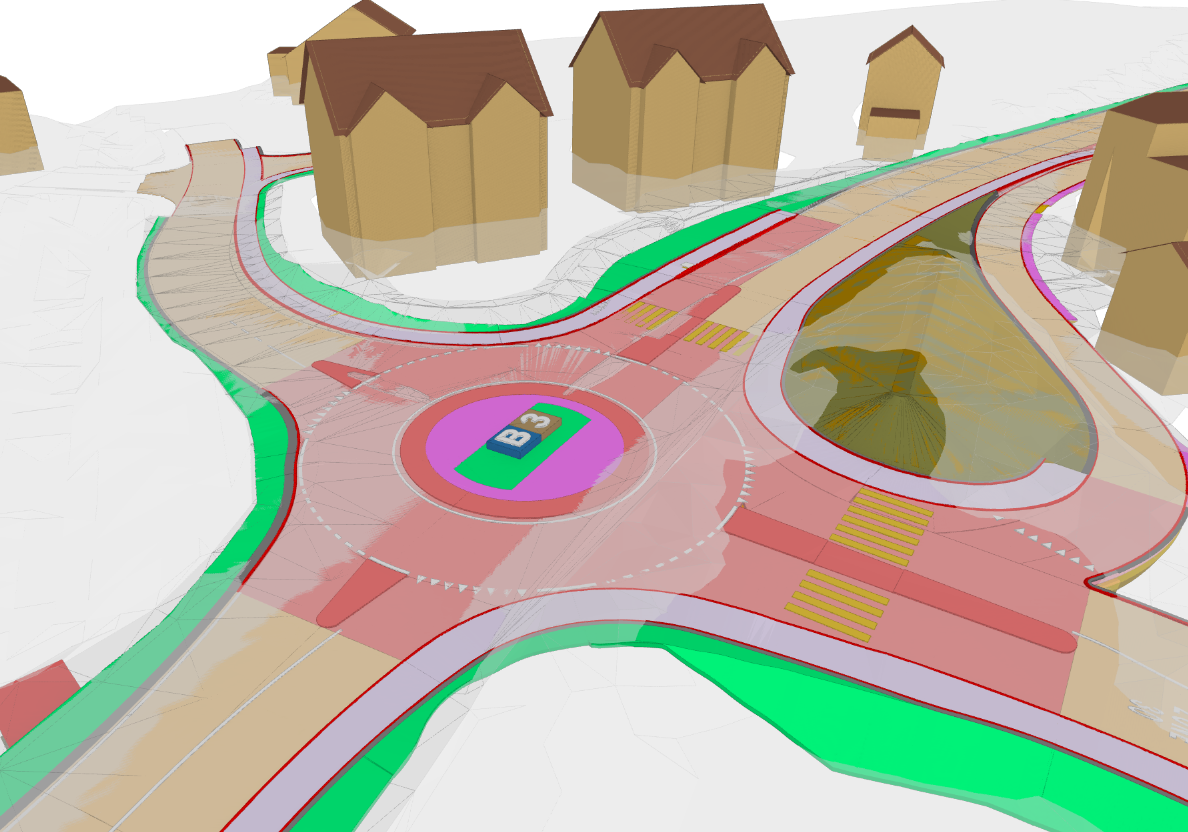 Visualisierung eines Kreisels mit 4 Strassen als BIM-Modell